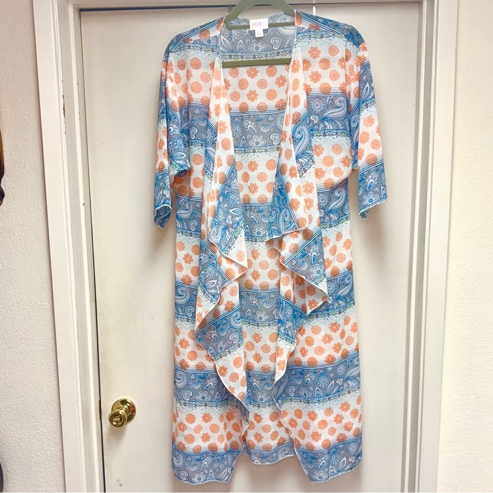 LuLaRoe sheer draped kimono duster paisley blue & orange 1/2 sleeve size S